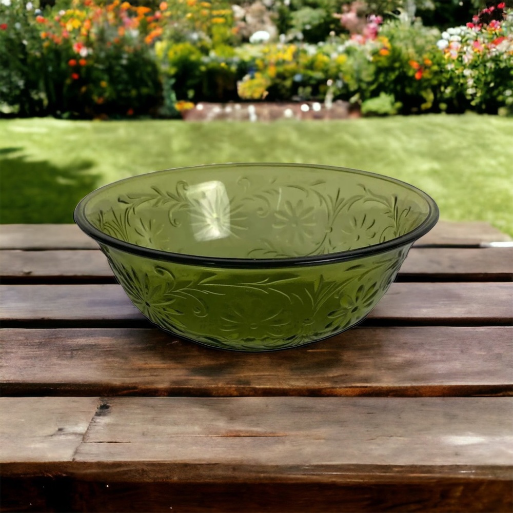Vintage Daisy Pattern Avocado Green FTD Glass Bowl Candy Dish 1979 Replacement